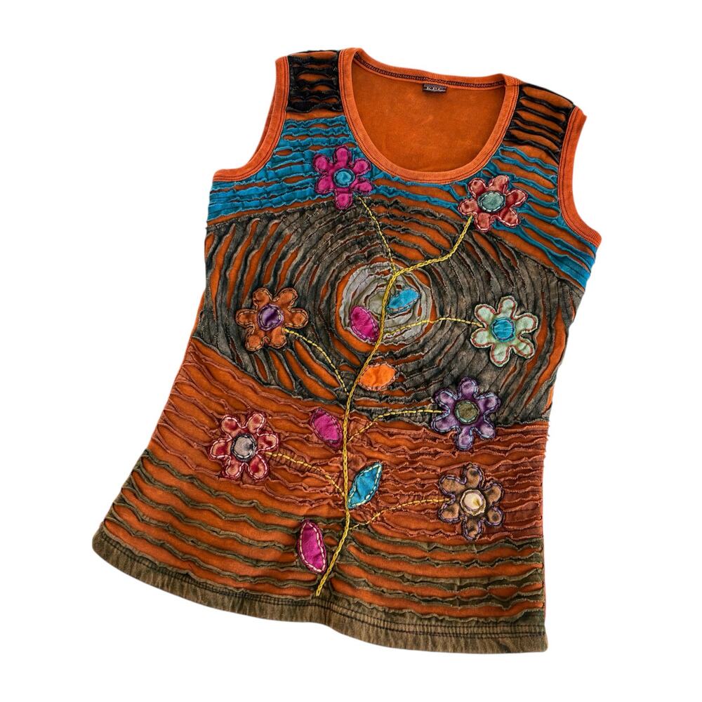KPC Nepal Boho Hippie Artsy Embroidered Floral Tank Top Women’s Small Cotton